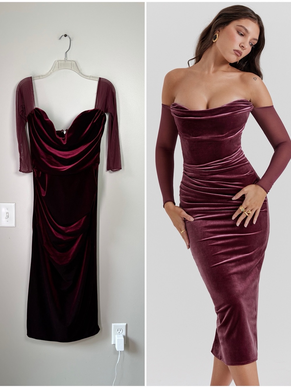 House of CB Cleora Off the Shoulder Mulberry
Strapless Corset Velvet Midi Dress